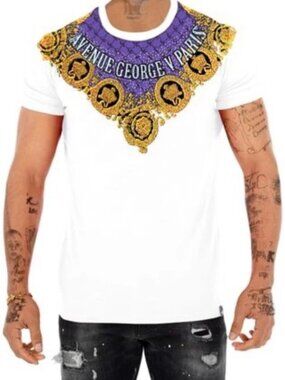 Avenue George V Paris T-Shirt rhinestone Baroque men’s White Short Sleeve 3XL 2X